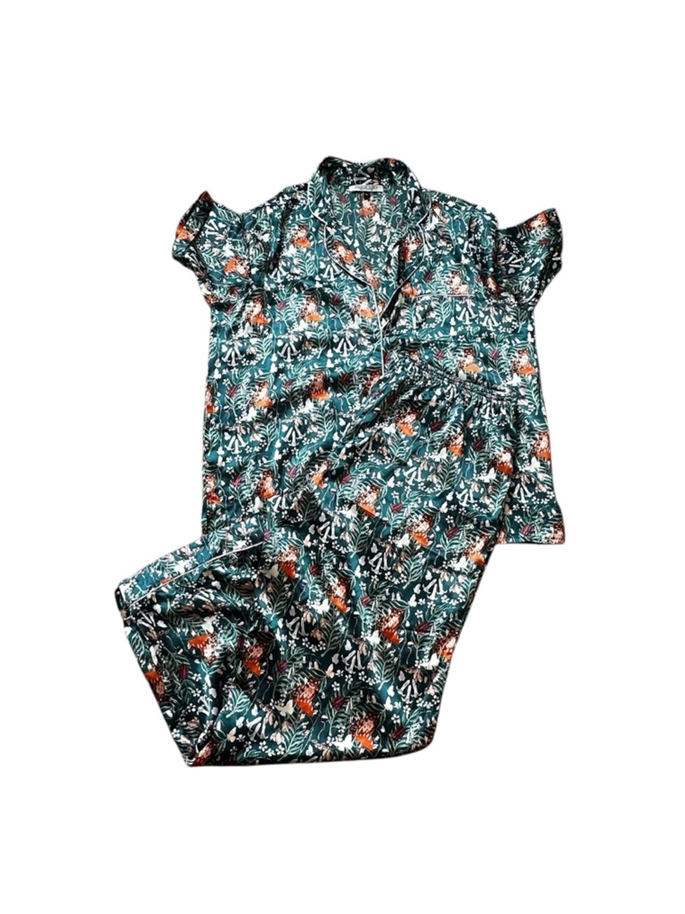 Their Nibs Silky Satin Pajamas Shirt Pant Set Sleep Lounge Floral Owls Size XL